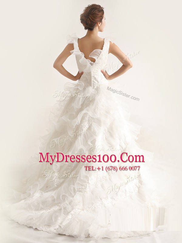 Fitting Sleeveless Chiffon With Brush Train Zipper Wedding Dresses in White with Ruffled Layers