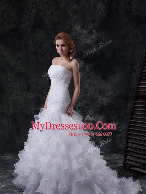 Mermaid Lace Up Wedding Dresses White for Wedding Party with Ruffles and Ruching Brush Train