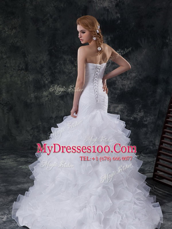 Mermaid Lace Up Wedding Dresses White for Wedding Party with Ruffles and Ruching Brush Train