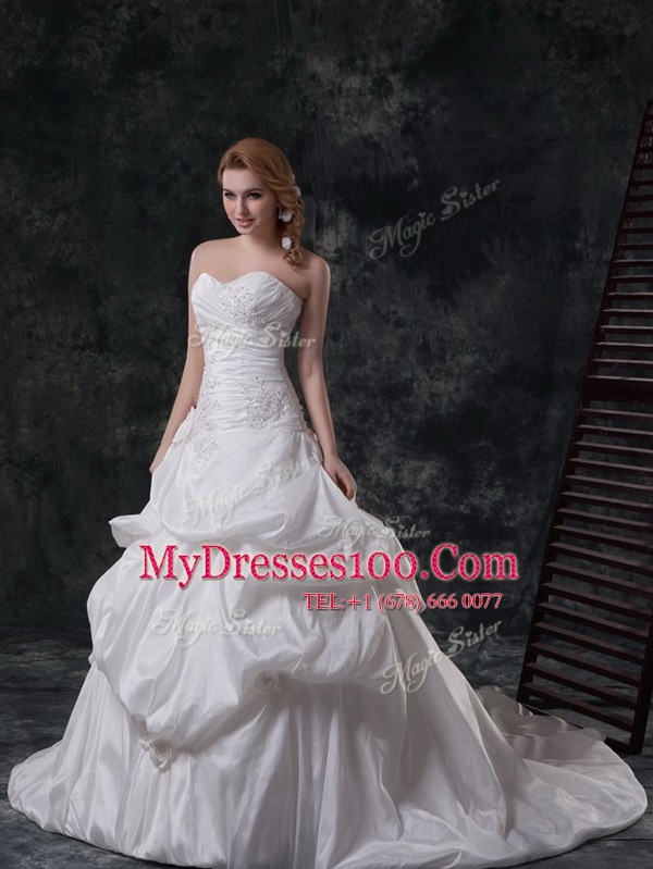 Gorgeous Taffeta Sleeveless With Train Bridal Gown Brush Train and Beading and Appliques and Pick Ups