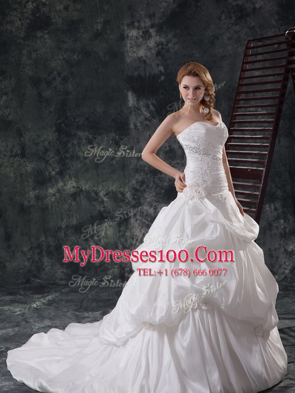 Gorgeous Taffeta Sleeveless With Train Bridal Gown Brush Train and Beading and Appliques and Pick Ups