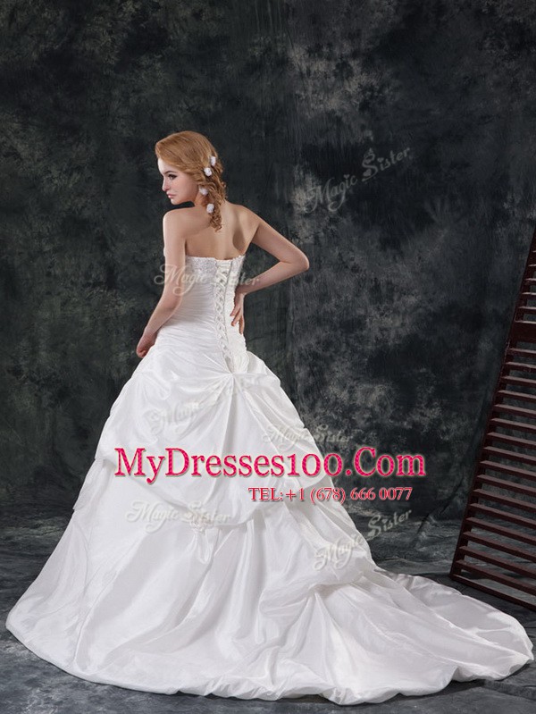 Gorgeous Taffeta Sleeveless With Train Bridal Gown Brush Train and Beading and Appliques and Pick Ups