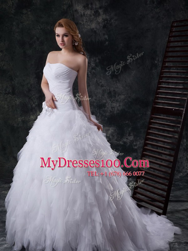 Charming Sleeveless Brush Train Lace Up With Train Beading and Ruffles and Ruching and Hand Made Flower Wedding Dress