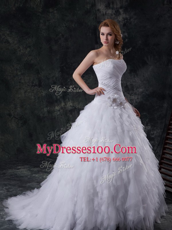 Charming Sleeveless Brush Train Lace Up With Train Beading and Ruffles and Ruching and Hand Made Flower Wedding Dress