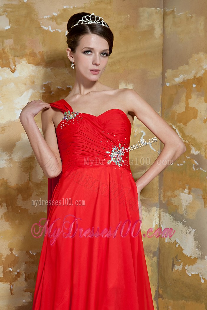 Beaded and Ruched Red Dresses for Prom with Watteau Train