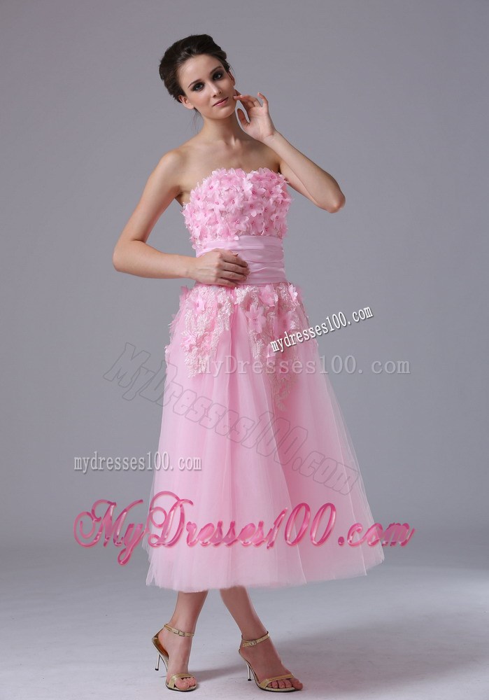 Handle-Made Flower Decorate Sweetheart maxi Prom Gowns in Pink