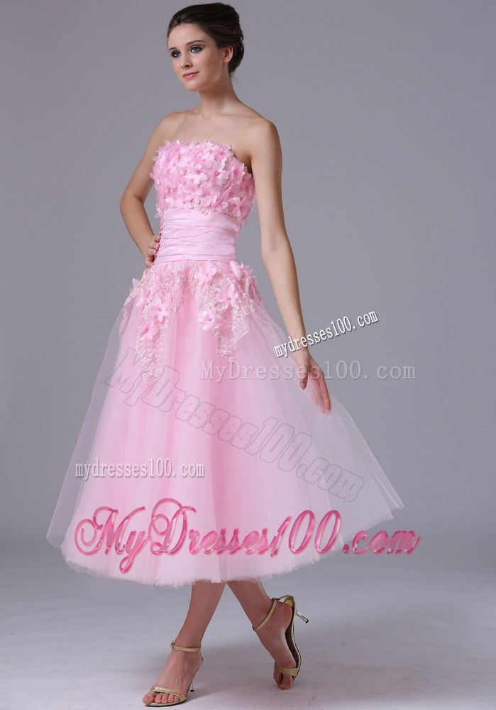 Handle-Made Flower Decorate Sweetheart maxi Prom Gowns in Pink