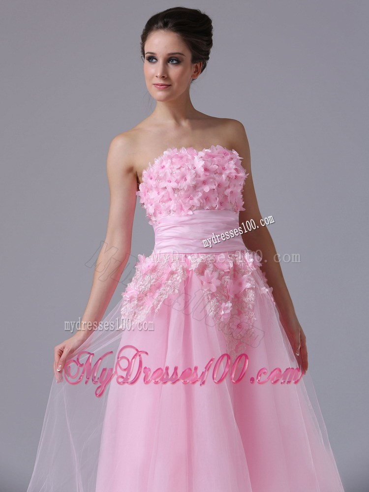 Handle-Made Flower Decorate Sweetheart maxi Prom Gowns in Pink