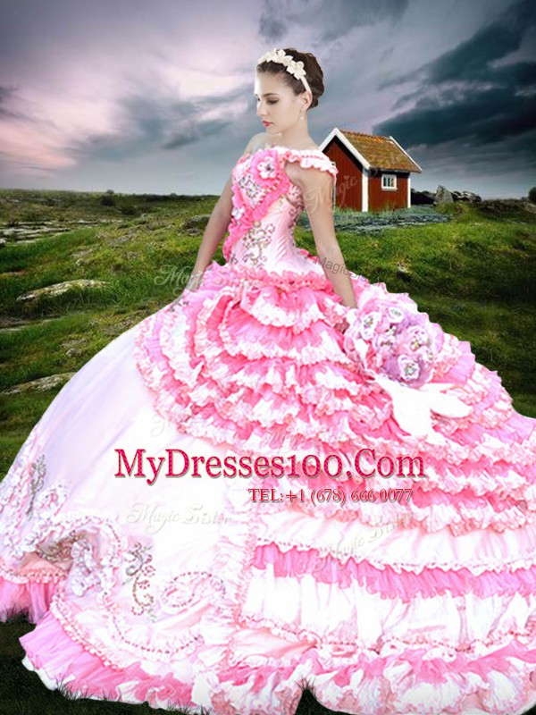 Graceful One Shoulder Pink And White Sleeveless Floor Length Beading and Embroidery and Ruffled Layers Lace Up Vestidos de Quinceanera