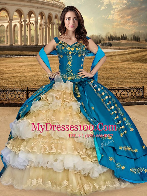 Captivating Off the Shoulder Multi-color Lace Up Vestidos de Quinceanera Appliques and Embroidery and Ruffled Layers Sleeveless Floor Length