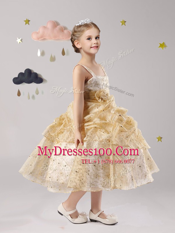 Attractive Straps Gold Ball Gowns Pick Ups and Hand Made Flower Flower Girl Dresses for Less Zipper Organza Sleeveless Tea Length