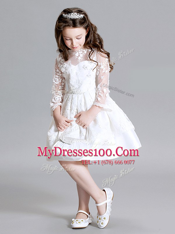 High Quality High-neck Long Sleeves Flower Girl Dress Mini Length Lace White Lace