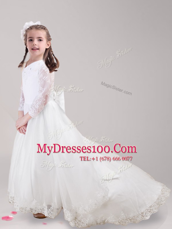 Exquisite White Zipper Scoop Lace and Bowknot Flower Girl Dresses for Less Tulle Long Sleeves Brush Train