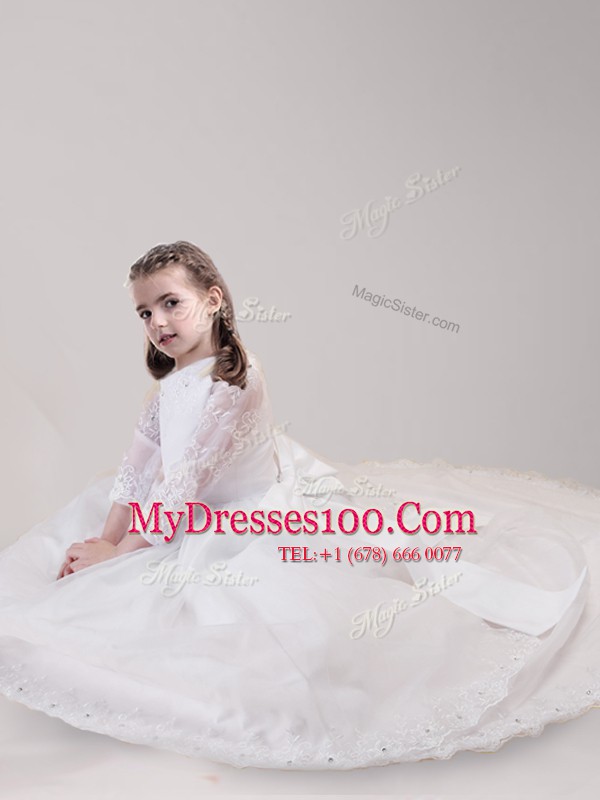 Exquisite White Zipper Scoop Lace and Bowknot Flower Girl Dresses for Less Tulle Long Sleeves Brush Train