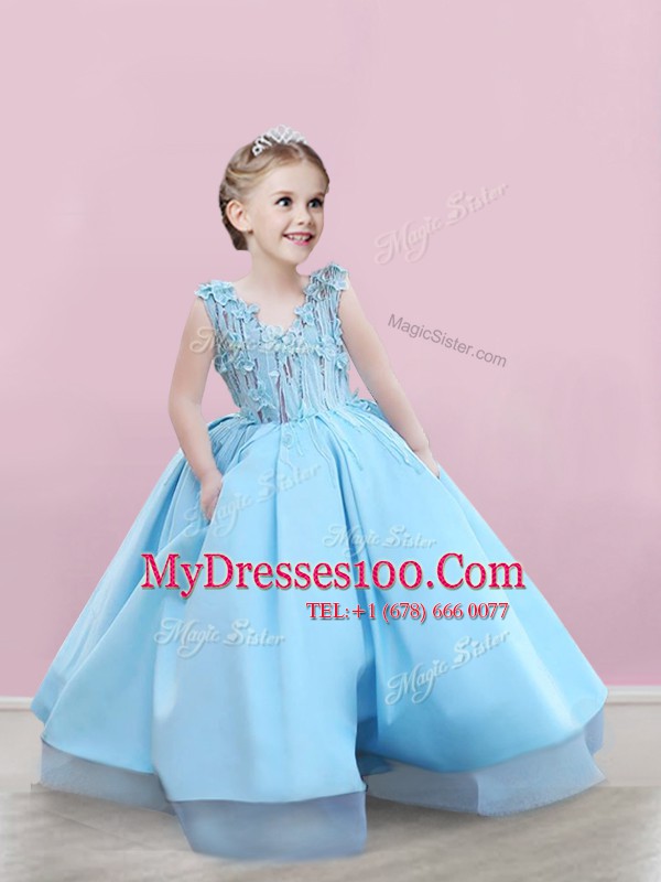 Baby Blue Sleeveless Appliques Floor Length Toddler Flower Girl Dress