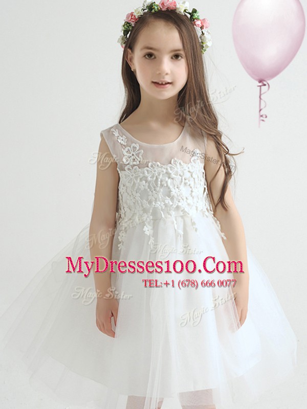 Super Scoop Sleeveless Knee Length Appliques and Bowknot Zipper Toddler Flower Girl Dress with White