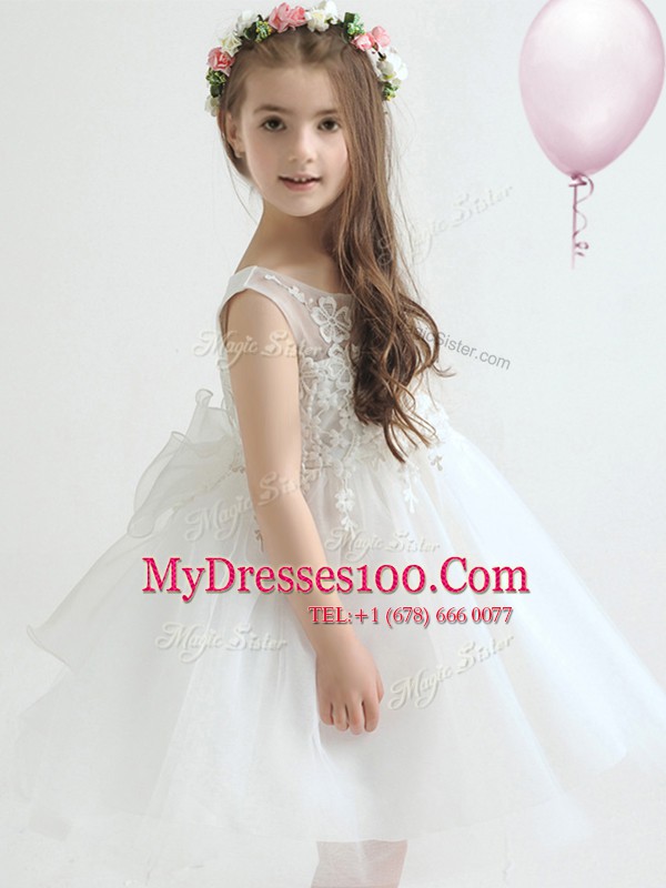 Super Scoop Sleeveless Knee Length Appliques and Bowknot Zipper Toddler Flower Girl Dress with White