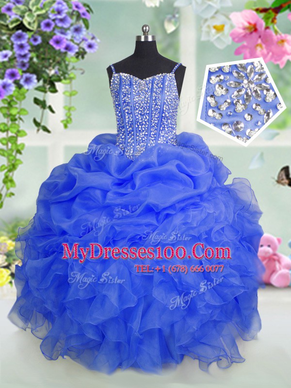 Customized Floor Length Lace Up Little Girl Pageant Dress Baby Blue for Party and Wedding Party with Beading and Ruffles and Pick Ups