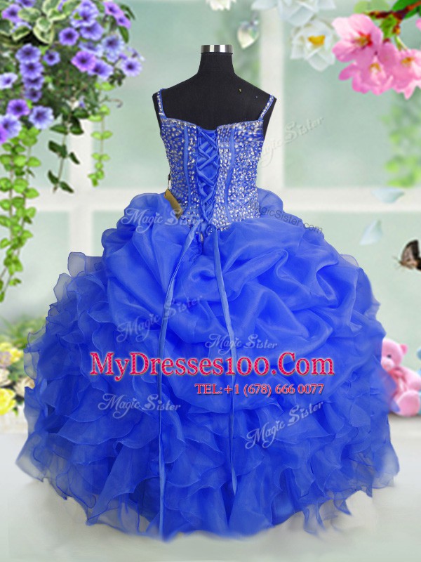 Customized Floor Length Lace Up Little Girl Pageant Dress Baby Blue for Party and Wedding Party with Beading and Ruffles and Pick Ups