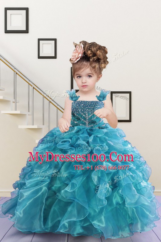 Sweet Turquoise Little Girls Pageant Gowns Party and Wedding Party and For with Beading and Ruffles Straps Sleeveless Lace Up