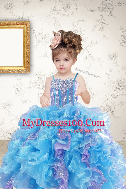 Sleeveless Organza Floor Length Lace Up Child Pageant Dress in Multi-color with Beading and Ruffles and Sequins