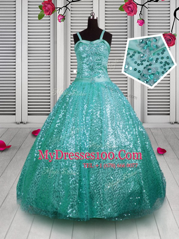 Deluxe Turquoise Sleeveless Floor Length Beading and Sequins Lace Up Little Girls Pageant Dress