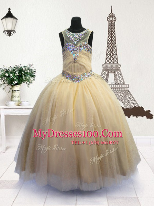 Gorgeous Scoop Light Yellow Zipper Little Girl Pageant Dress Beading Sleeveless Floor Length