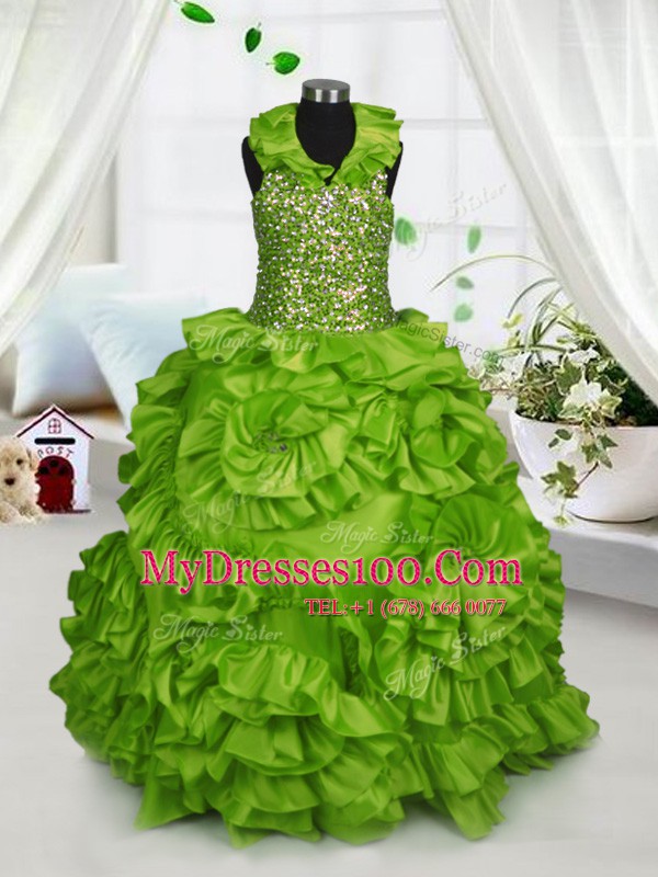 Fantastic Halter Top Floor Length Zipper Little Girls Pageant Gowns Olive Green for Party and Wedding Party with Beading and Ruffles