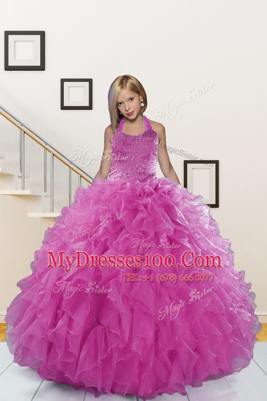 Free and Easy Pink Halter Top Lace Up Beading and Ruffles Little Girls Pageant Gowns Sleeveless