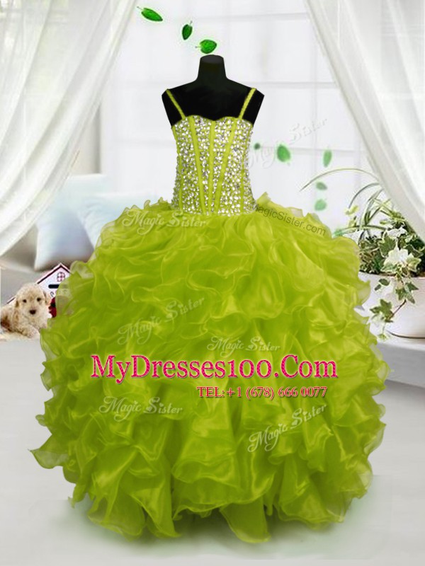 Yellow Green Spaghetti Straps Neckline Beading and Ruffles Little Girls Pageant Gowns Sleeveless Lace Up