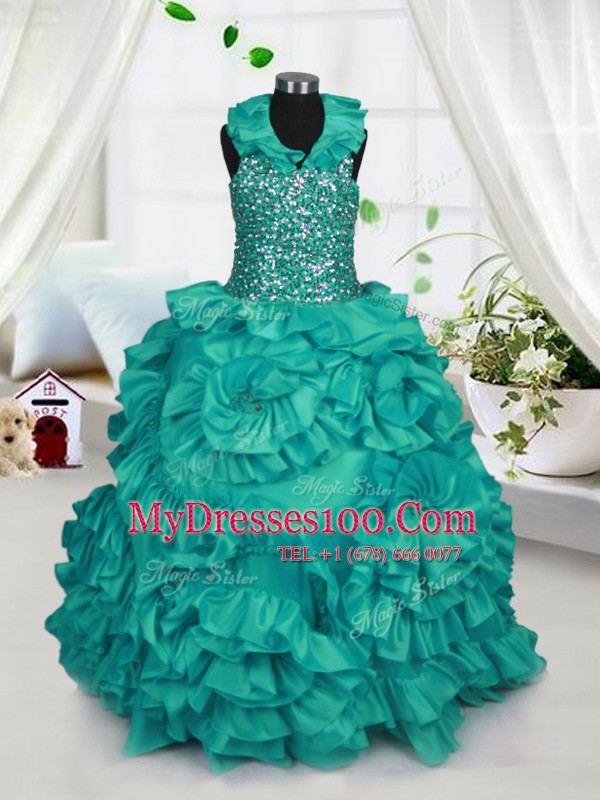 Sexy Halter Top Sleeveless Floor Length Beading and Ruffles Zipper Girls Pageant Dresses with Turquoise