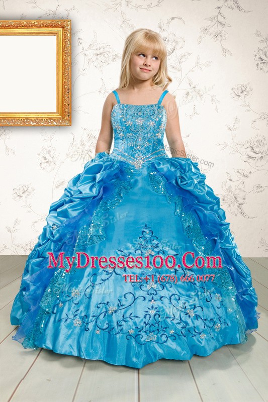 Low Price Beading and Appliques and Pick Ups Kids Formal Wear Turquoise Lace Up Sleeveless Floor Length