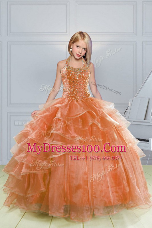 Halter Top Sleeveless Lace Up Little Girl Pageant Dress Orange Organza