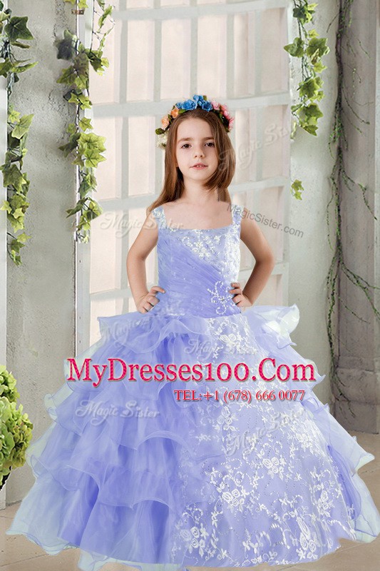 Lace and Ruffled Layers Kids Formal Wear Lavender Lace Up Sleeveless Floor Length