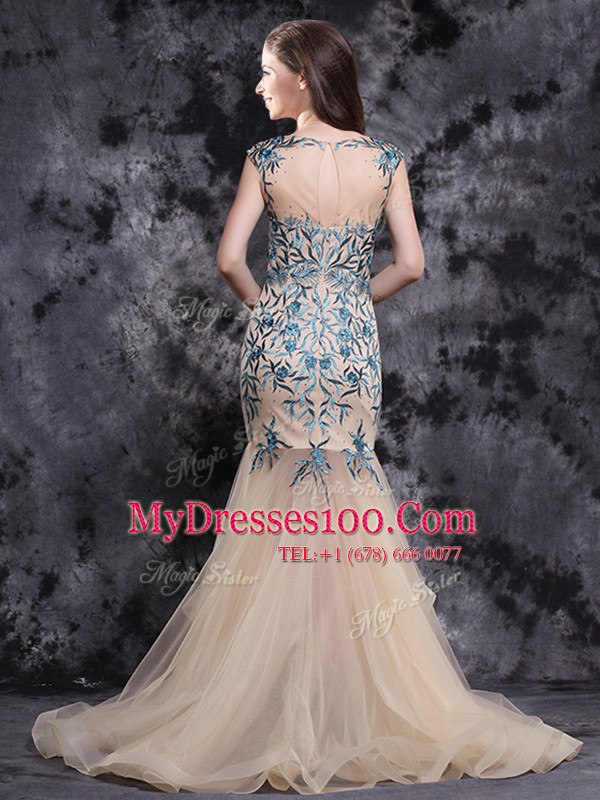 Popular Mermaid Champagne Tulle Zipper Prom Party Dress Sleeveless With Brush Train Appliques and Ruffles