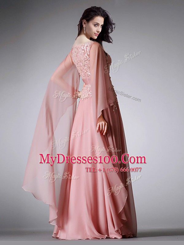 Chiffon Scoop 3 4 Length Sleeve Zipper Lace and Belt Prom Dress in Pink