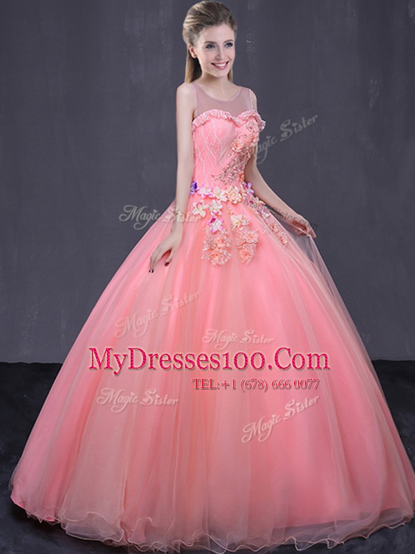 Tulle Scoop Sleeveless Lace Up Beading and Appliques Quinceanera Dresses in Watermelon Red