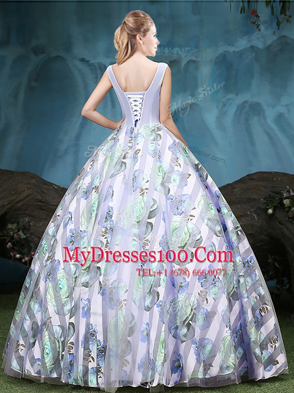 Spectacular Straps Sleeveless Floor Length Appliques and Pattern Lace Up Vestidos de Quinceanera with Multi-color