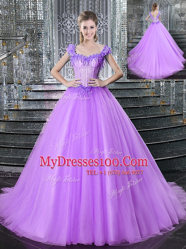 Straps Sleeveless Tulle Vestidos de Quinceanera Beading and Appliques Brush Train Lace Up