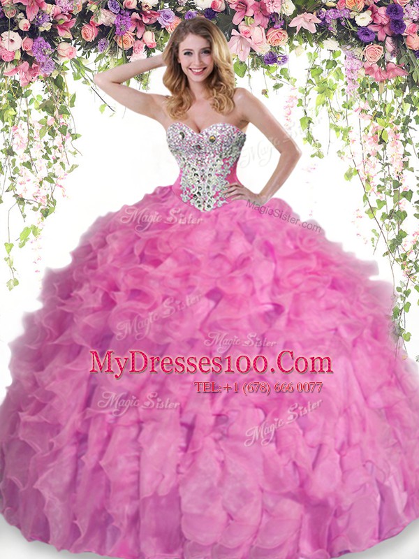 Best Rose Pink Organza Lace Up 15th Birthday Dress Sleeveless Floor Length Beading and Ruffles