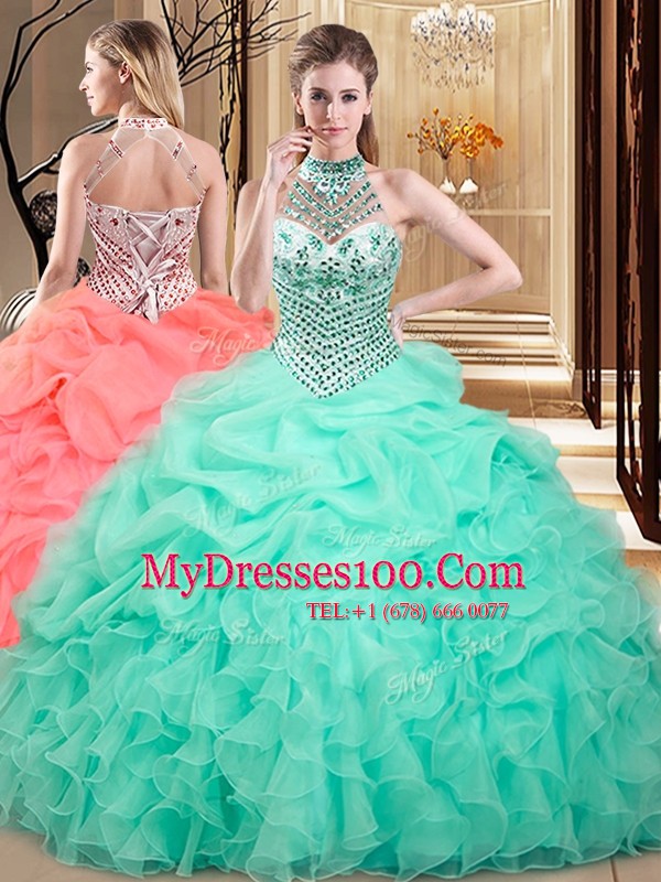 Halter Top Sleeveless Lace Up Floor Length Beading and Ruffles and Pick Ups Quinceanera Dress