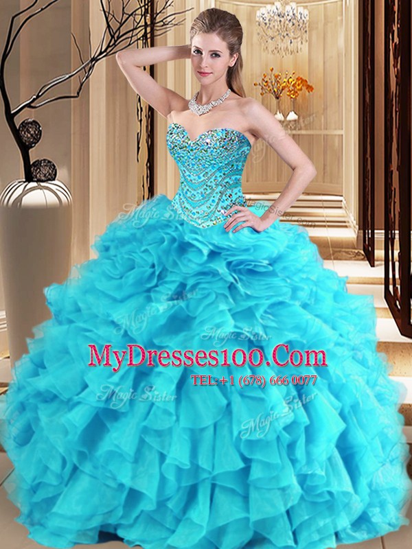 Comfortable Aqua Blue and Turquoise Vestidos de Quinceanera Military Ball and Sweet 16 and Quinceanera and For with Beading and Ruffles Sweetheart Sleeveless Lace Up