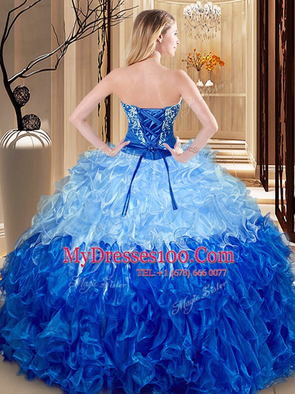 Multi-color Lace Up Sweetheart Embroidery and Ruffles 15 Quinceanera Dress Organza Sleeveless