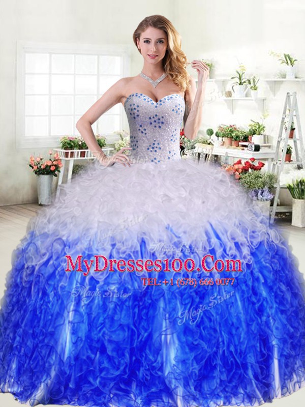 Sophisticated Blue And White Sweetheart Lace Up Beading and Ruffles Sweet 16 Dresses Sleeveless