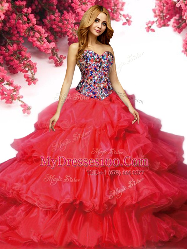 Red Ball Gowns Beading and Ruffled Layers Ball Gown Prom Dress Lace Up Organza Sleeveless With Train