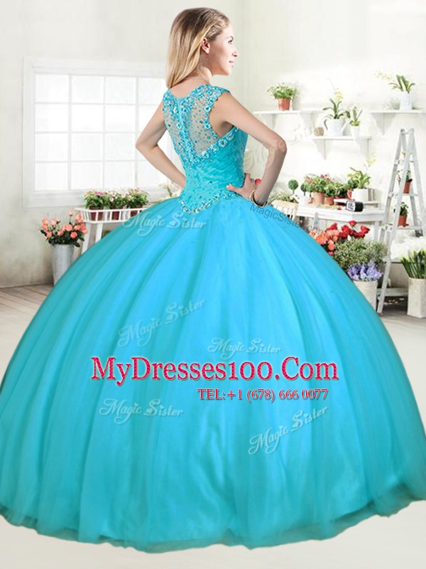 Cheap Aqua Blue Zipper Straps Beading Sweet 16 Dresses Tulle Sleeveless