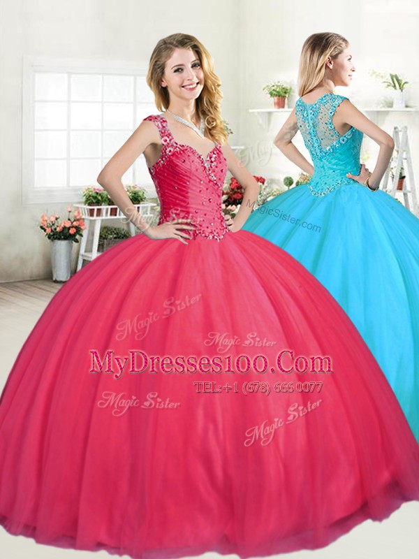 Popular Coral Red Ball Gowns Tulle Straps Sleeveless Beading Floor Length Zipper 15th Birthday Dress