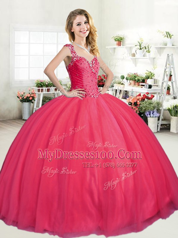 Popular Coral Red Ball Gowns Tulle Straps Sleeveless Beading Floor Length Zipper 15th Birthday Dress